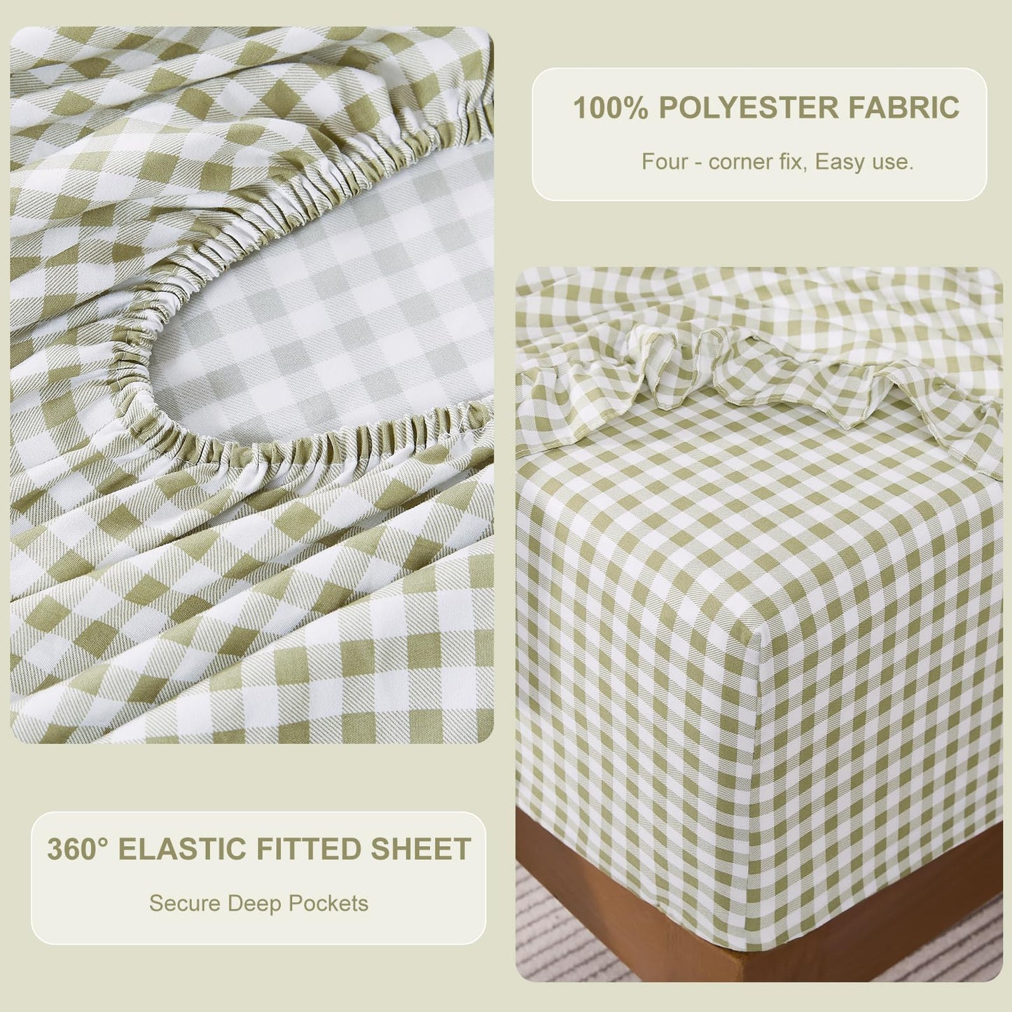 kisswish Gingham Queen Sheet Set, Lightweight Super Soft Brushed Microfiber Plaid Bed Sheets with 16" Deep Pocket, 4 Piece Ruffle Farmhouse Bedroom Decor, Sage Green