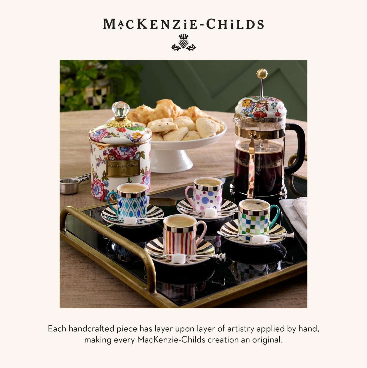 MACKENZIE-CHILDS Sweetheart Espresso Cup and Saucer Set, Cute Porcelain Espresso Cups and Saucers for Coffee, Set of 4