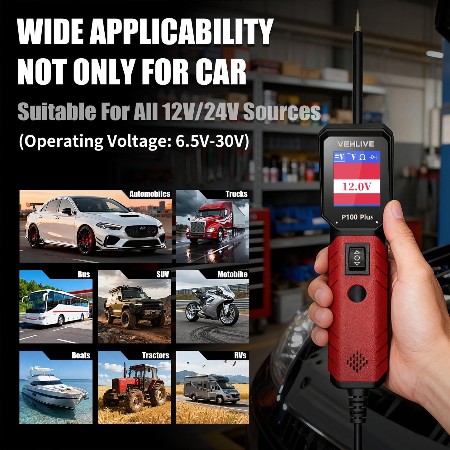 VEHLIVE P100 Plus Automotive Power Circuit Probe Tester,12V 24V Car Automotive Diagnostic Test Tool, Digital Volt Ohm Meter,Circuit Fault Finder w/ 40FT Cable & Tilted Screen