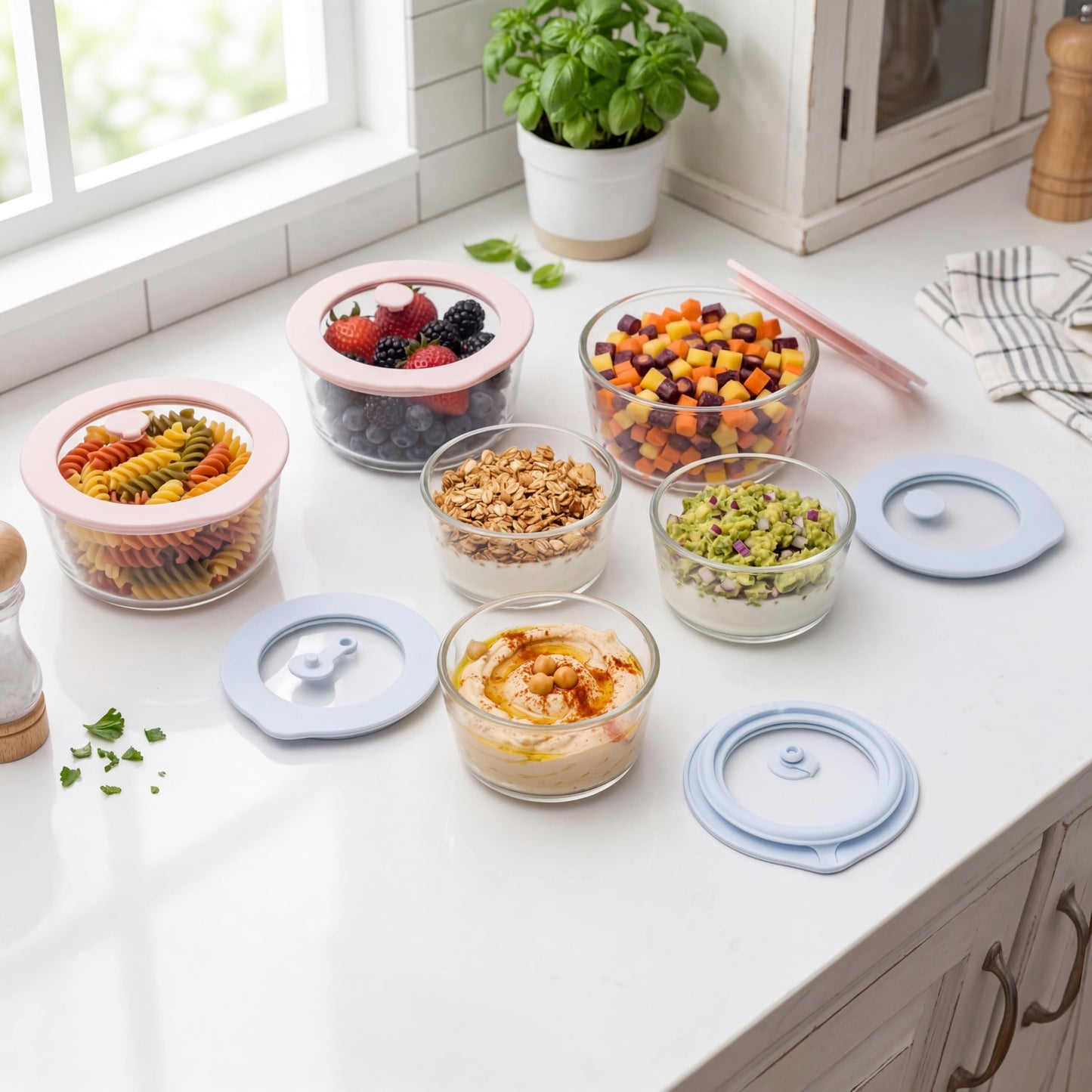 Urban Green Glass Food Container Set with Glass Lid, 6 Pack, Meal Prep Containers with Silicone Framed Airtight Lid, Leakproof, 100% Plastic Free,