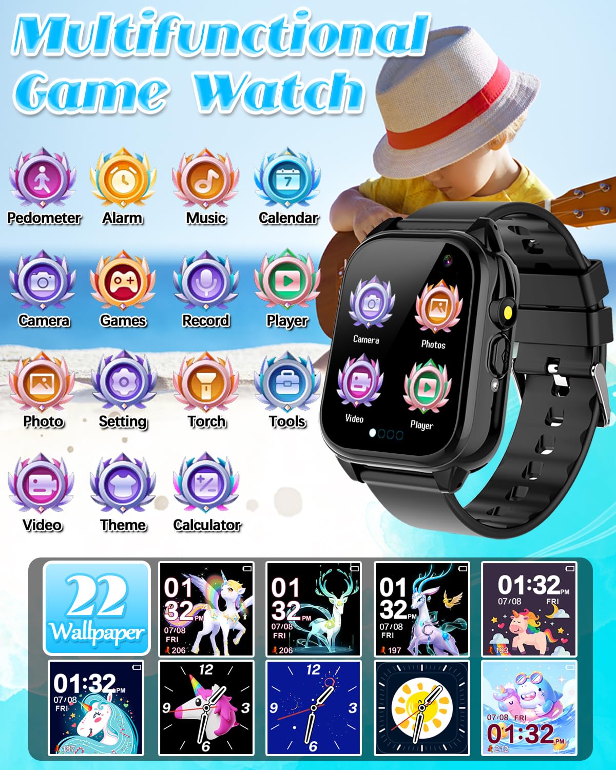 Semloo Waterproof Smart Watch for Kids 3-12 Years Old Boys Toys with 26 Games, Video Camera, Pedometer, Music Player, Alarm Clock, Flashlight, HD Touchscreen Toddler Watches Girls Birthdays Gifts