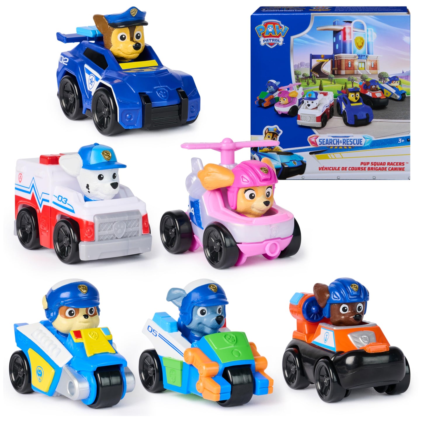 PAW Patrol Search & Rescue, Pup Squad Racers, 6-Pack of PAW Patrol Vehicles with Chase, Marshall, Skye, Rubble, Rocky, & Zuma, Kids Toys for Boys & Girls Ages 3 and Up