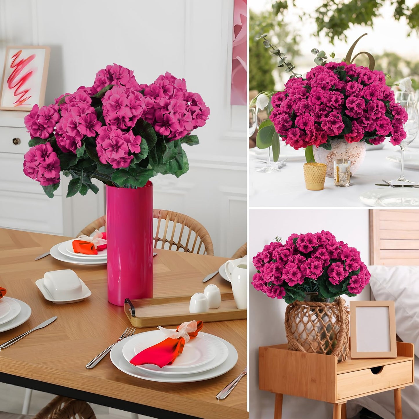 Hananona 12 Pcs Artificial Geranium Flowers for Outdoors Geranium Silk Flowers Outdoor UV Resistant Garden Plants Faux Flowers for Home Kitchen Table Centerpieces Decor (12, Rose Red)