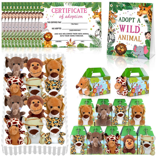 38 Pcs Safari Jungle Party Favors Include 12 Foldable Paper Boxes 12 Forest Mini Stuffed Animals 12 Adoption Cards 1 Adoption Signs 1 Fence for Jungle Party Supplies Adopt A Jungle Animal Favors