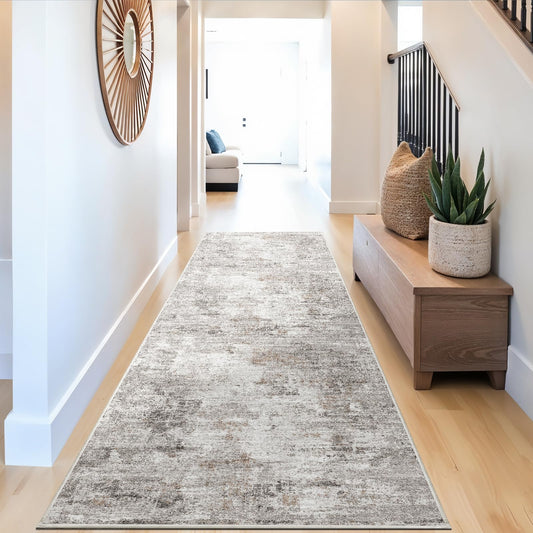 3x10 Ft Long Hallway Runner Rug - Non-Slip Washable Kitchen Runner Rug with Rubber Backing | Modern Abstract Wide Floor Carpet Runner for Indoor Entryway, Bedroom, Living Room, Beige/Grey/Brown