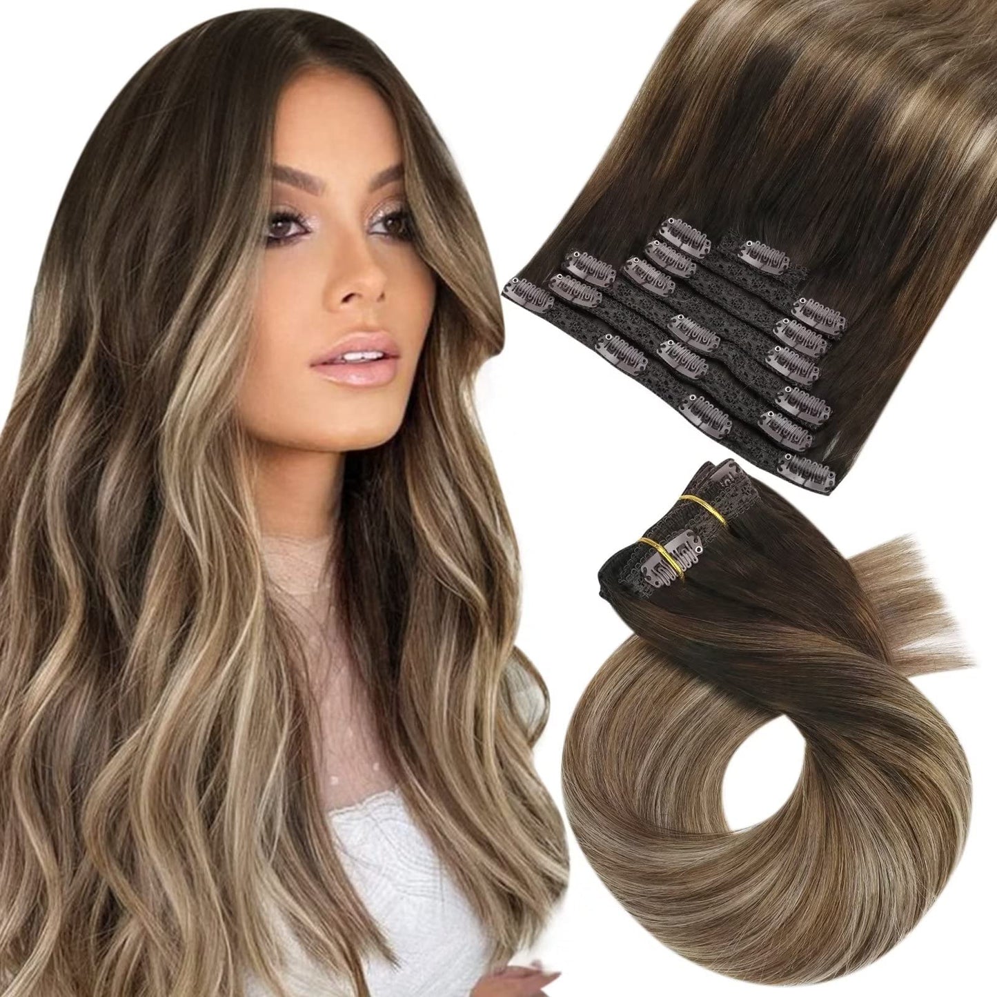 Moresoo Clip in Hair Extensions Real Human Hair Balayage Clip in Extensions for Women Ombre Dark Brown to Golden Brown with Dark Ash Blonde Hair Extensions Clip in Human Hair 18inch 7Pcs 120G