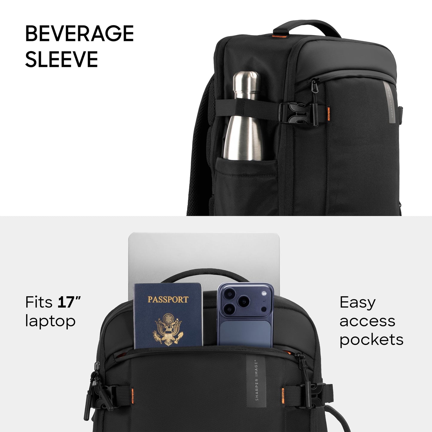 Sharper Image Travel Backpack for Men & Women 23L TSA Flight Approved Weekender Bag for Carry On Luggage, Fits 17” Laptop, Water Resistant Casual Daypack for Traveling, Black (Venture Collection)