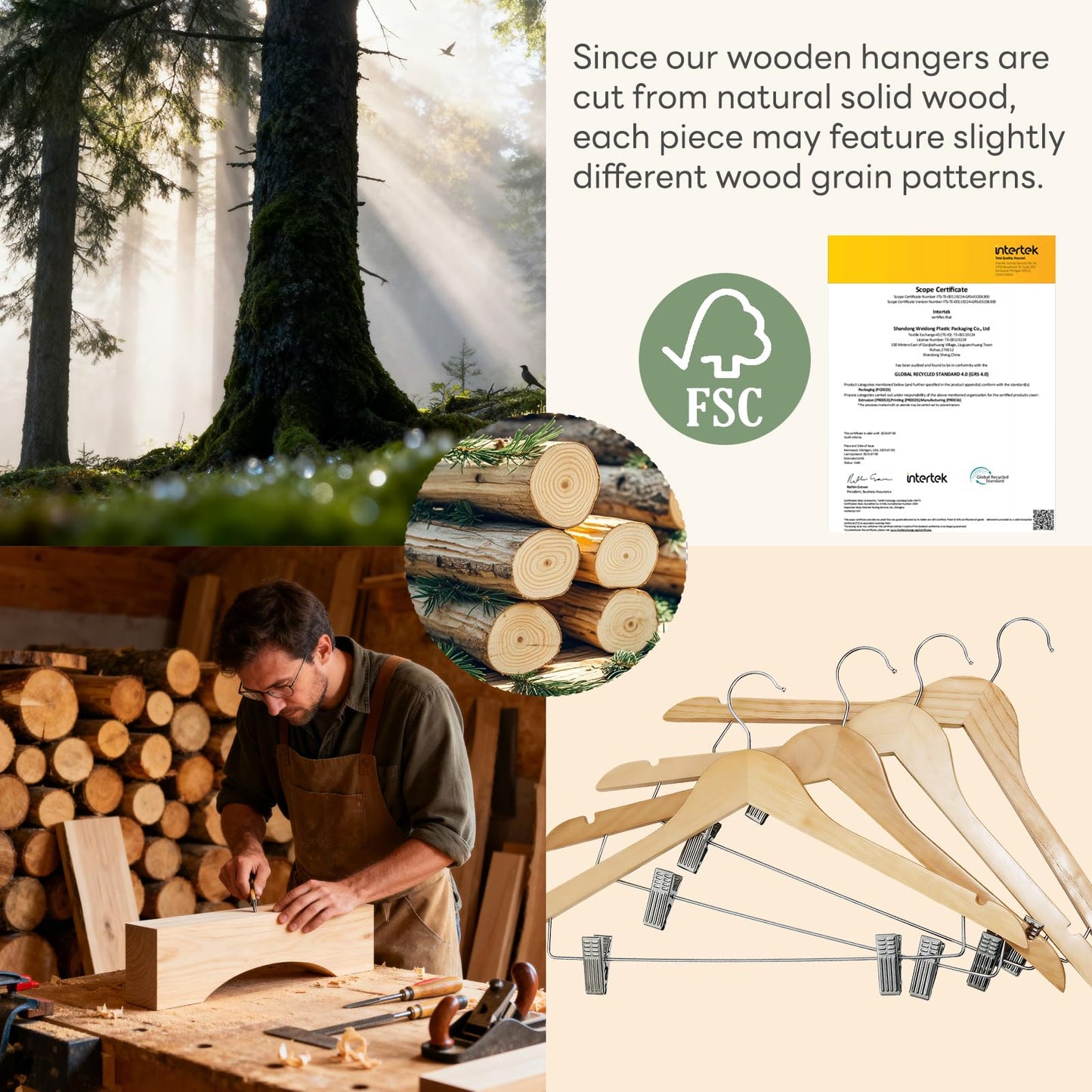 HOUSE DAY 24 Pack High-Grade Wooden Suit Hangers Skirt Hangers with Clips Solid Wood Pants Hanger Natural Smooth Finish Premium Wood Hanger with Durable Metal Clips for Blouse, Dress, Coat, Jacket