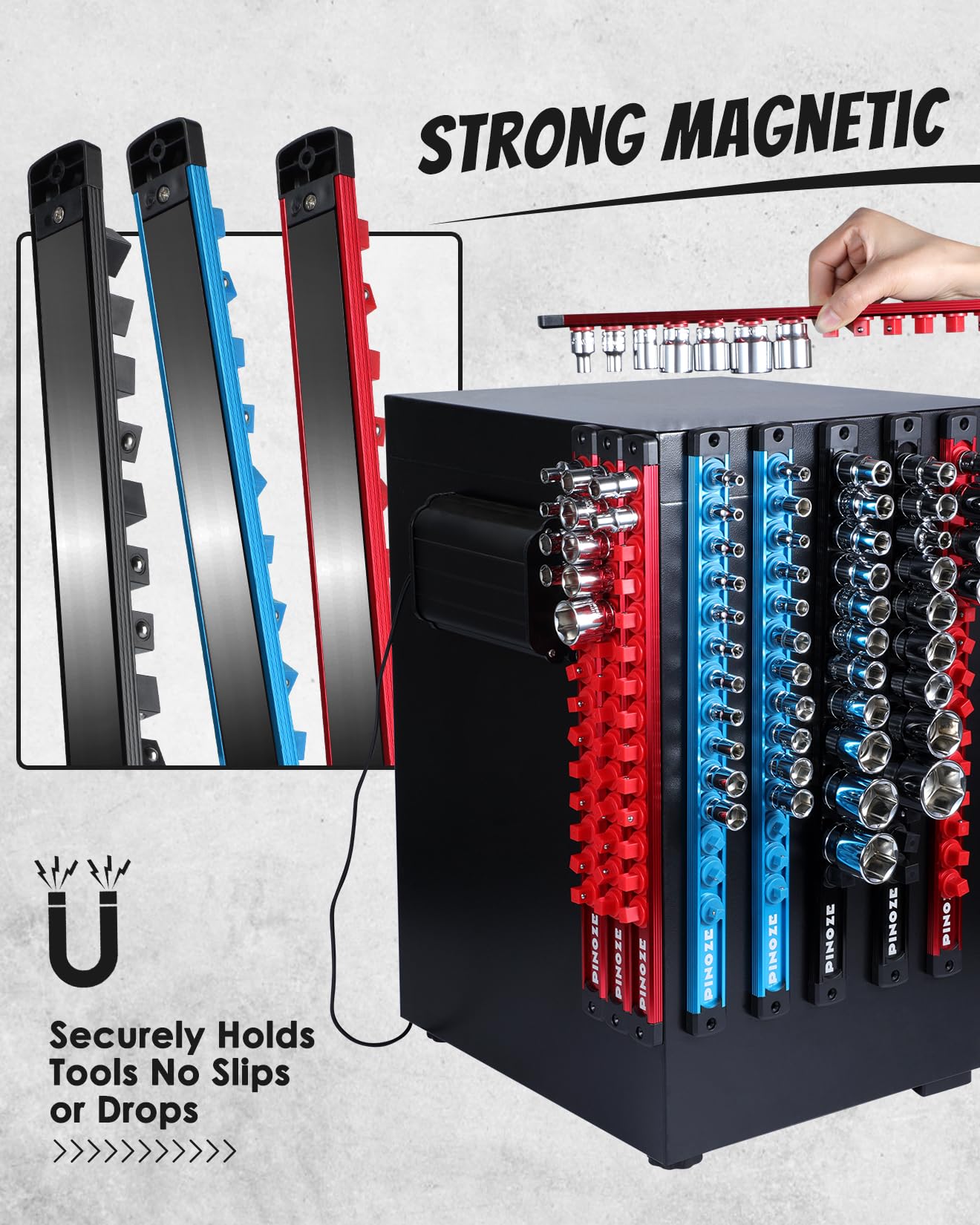 PINOZE 8PCS Magnetic Socket Holder Organizer Set - 1/4, 3/8, 1/2 - Aluminum Alloy Socket Rail Trays for Tool Box Drawer, Socket Rack Kit with 114Pcs Clips for Automotive Garage(Blue Red Black)