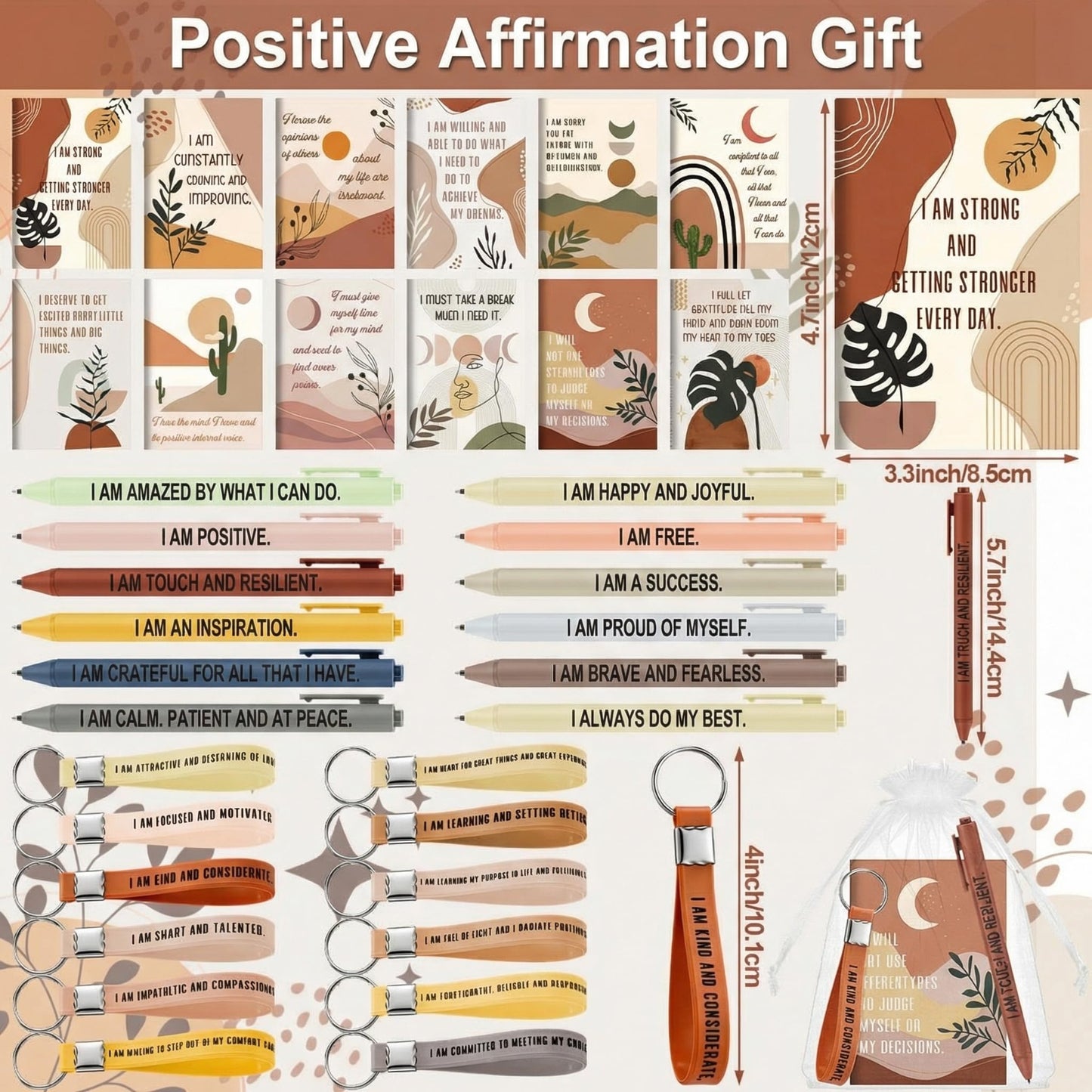 Mooliwe 48 Set Positive Affirmation Gift Set Gratitude Notebooks with Pens Keychains Small Bags Motivational Party Favors for Adult Women Coworkers Employee Group (Boho)