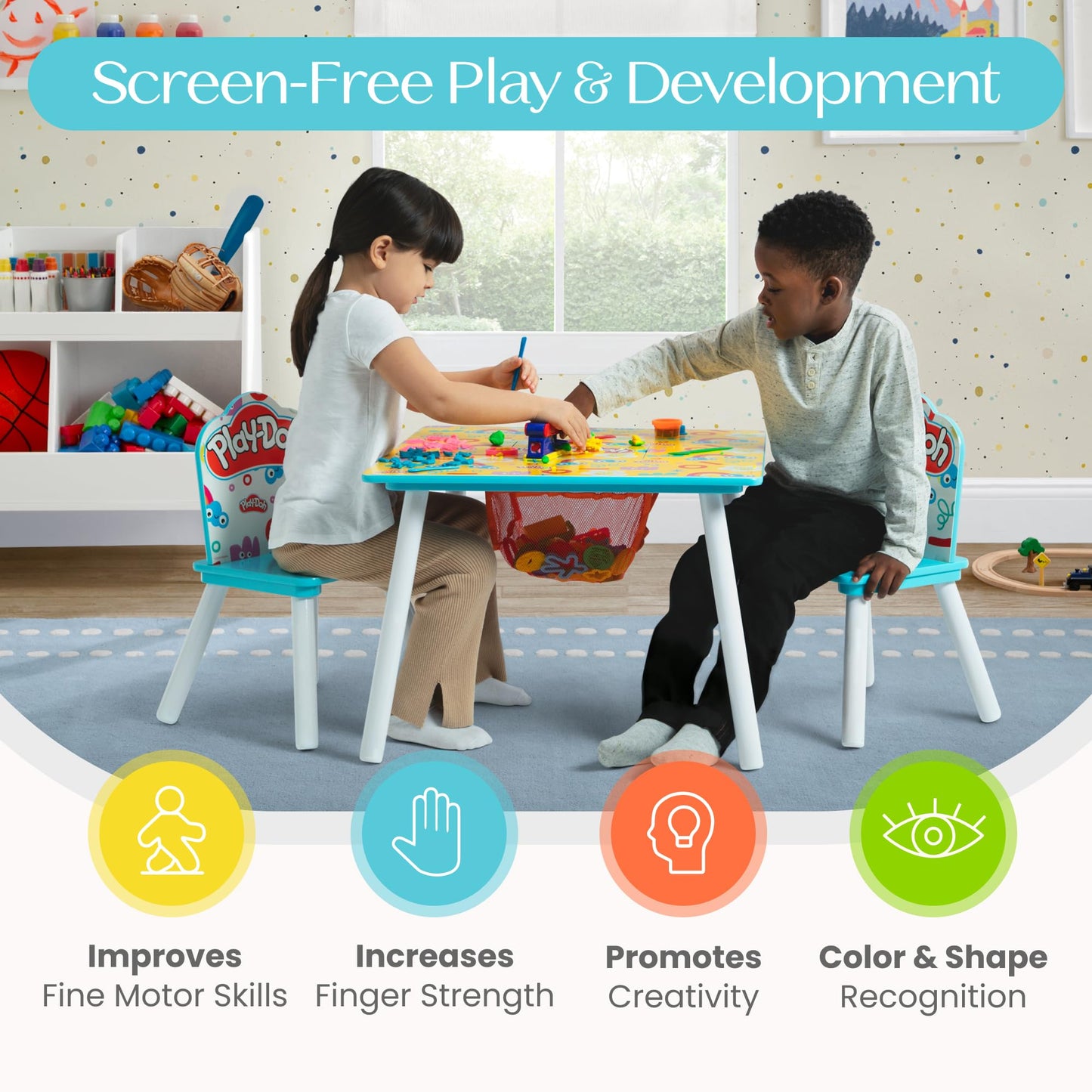 Delta Children- Play Doh Table and 2 Chair Set – Includes 10-Pack of Assorted 1oz Play Doh Cans and 51 Accessories
