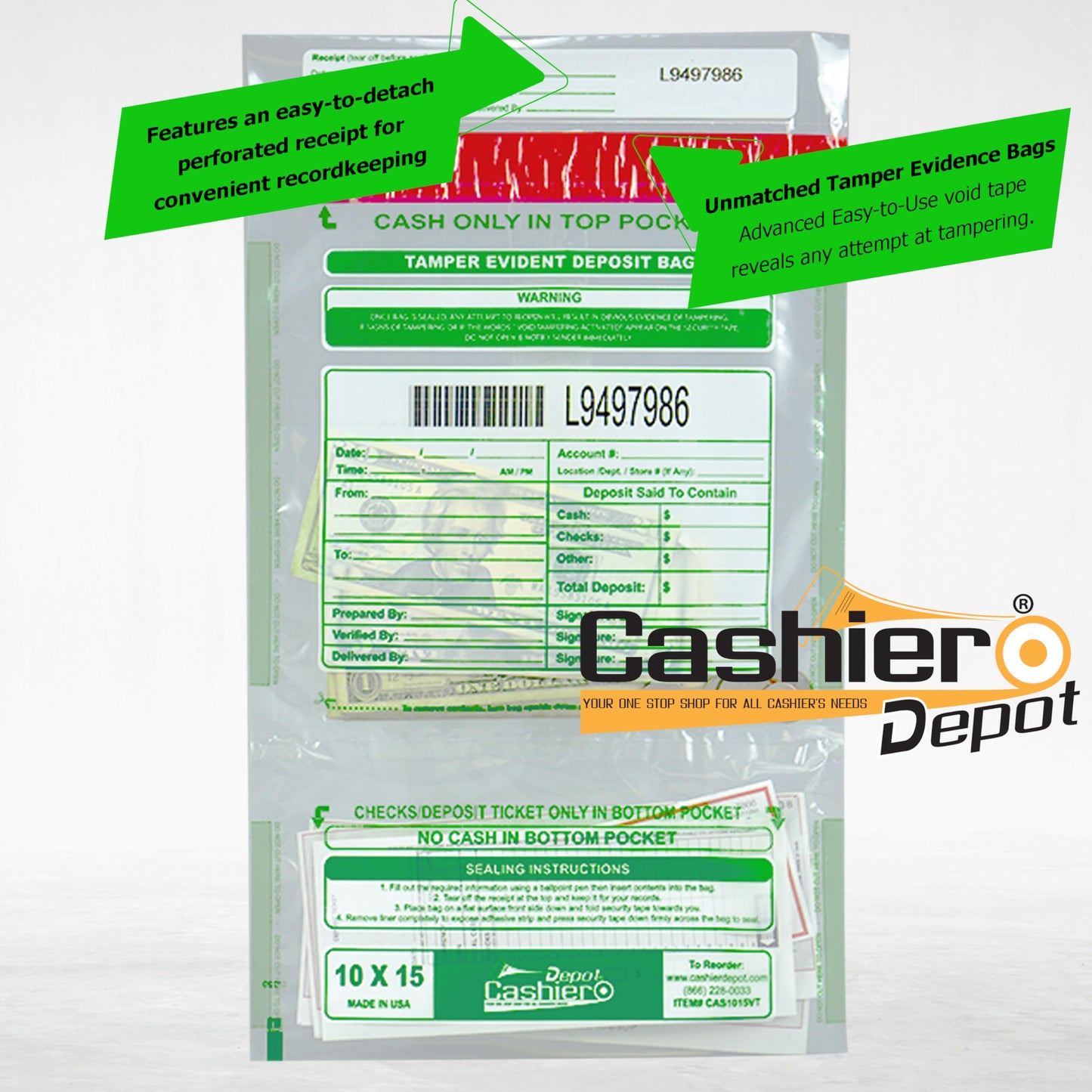 100 Cashier Depot Tamper Evident Bank Deposit Bags, 10" x 15" Clear, Twin Pockets, Serialized Numbering, Barcode, Press & Seal Void Closure Tape