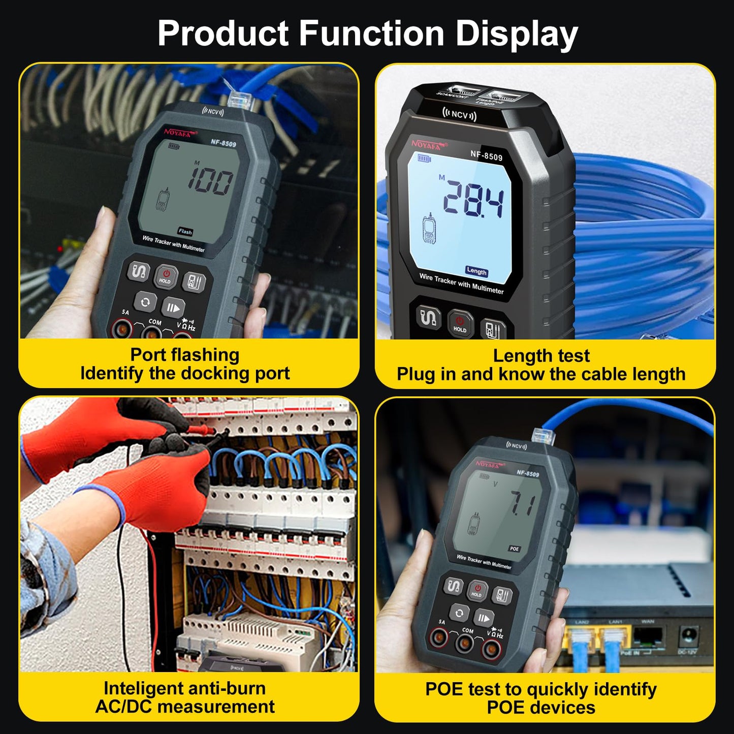 NOYAFA Network Cable Tester with Multimeter Tester, RJ45 CAT5 CAT6 Ethernet Cable Tester Port Flashing, NCV Anti-Burn AC DC Voltmeter POE Tester, Anti-Jamming TDR Network Tester Cable Toner