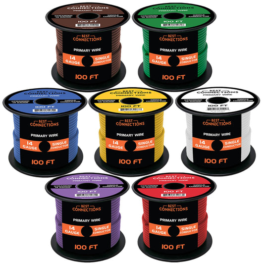 BEST CONNECTIONS 14 Gauge Automotive Primary Wire (100ft Each – 7 Color Bundle Set)– Durable Primary/Remote, Power/Ground Electrical Wire for Trailer, Car Audio, Lighting Circuits – 700ft Total