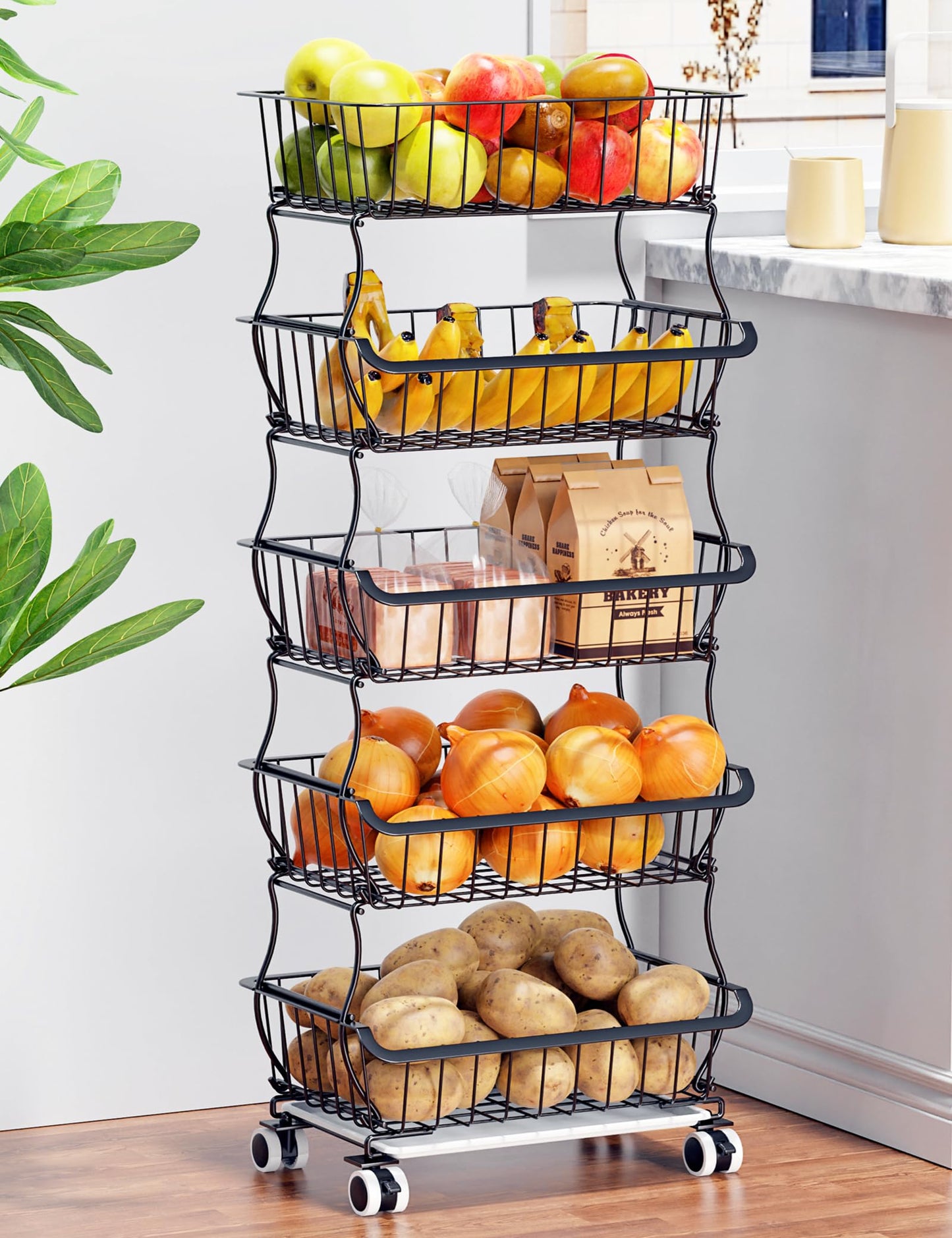 OKZEST 5 Tier Fruit Basket for Kitchen, Stackable Bins Wire Rack with Wheels, Fruit and Vegetable Storage Basket Pantry Food Snack Organizer Shelf, Kitchen Storage Cart for Onion and Potato, Produce