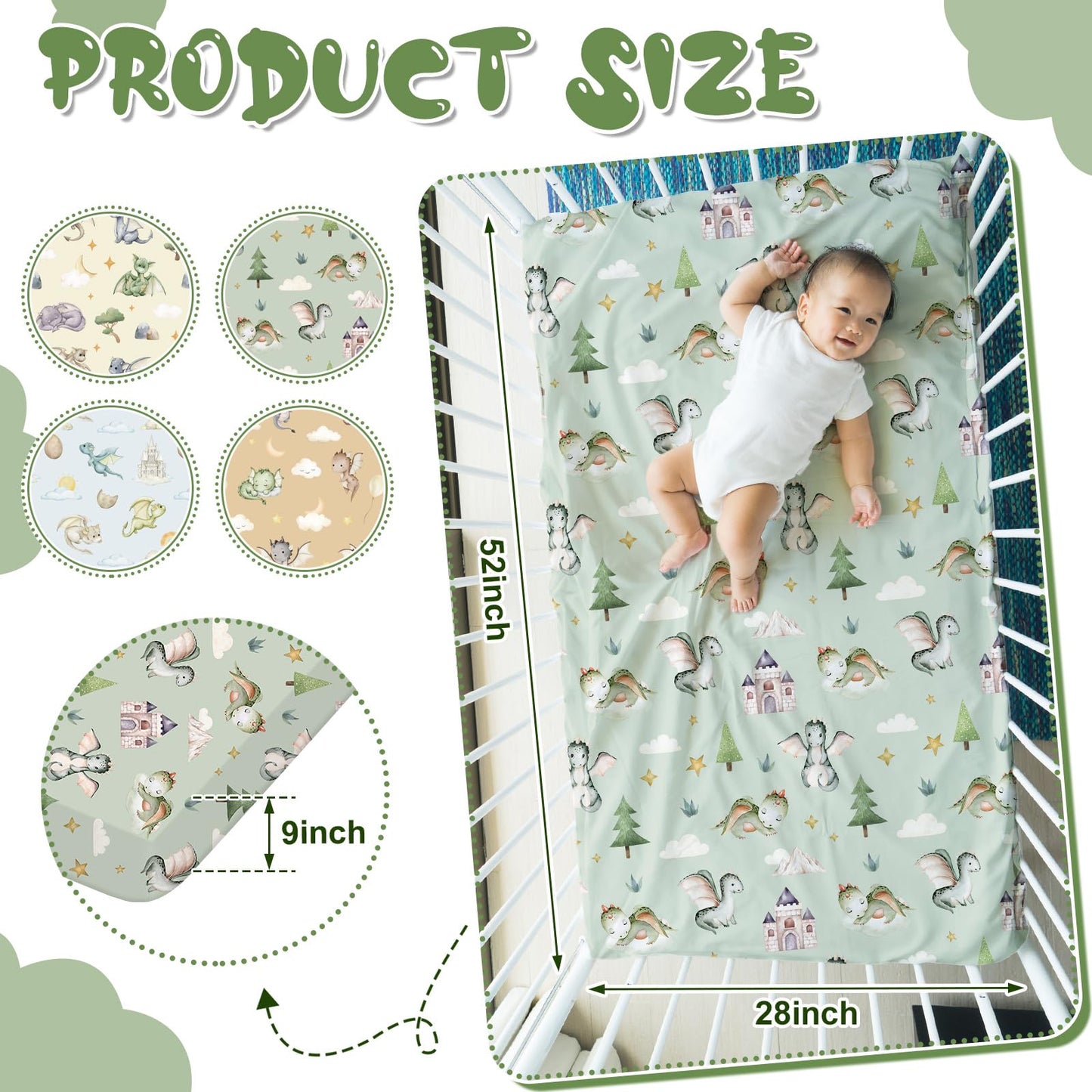 VitalCozy 4 Pcs Watercolor Dragon Crib Sheet Set Newborn Bedding Nursery Baby Sheets for Girl Boys Baby Gifts for Standard Crib and Toddler Mattresses, 52 x 28 x 8 Inches