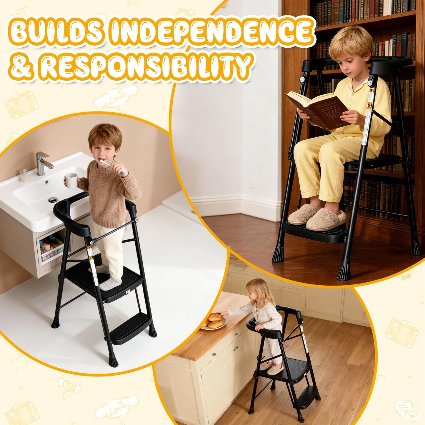 HBTower Kids 2 Steps Step Stool,Toddler Tower for Kitchen Counter Learning,Toddler Kitchen Stool Helper with Anti-Drop Safty Railing Kids Standing Folding Stepper(Black)