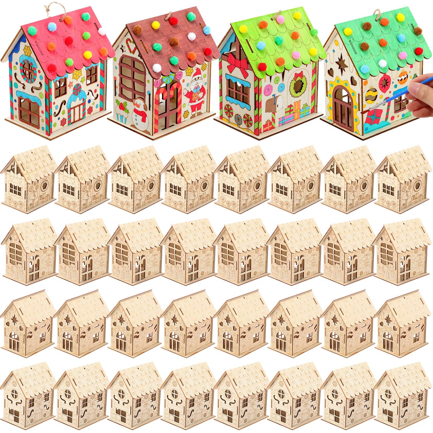 DoubleFill 36 Pcs Wood Gingerbread House Craft Kit for Kids DIY Wooden Christmas Birdhouse Craft Kits Holiday Village Houses Make a Gingerbread Wooden House for Xmas Party Game Supplies