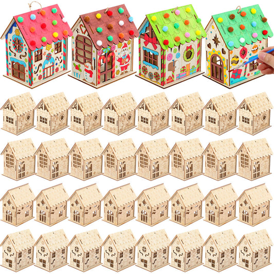 DoubleFill 36 Pcs Wood Gingerbread House Craft Kit for Kids DIY Wooden Christmas Birdhouse Craft Kits Holiday Village Houses Make a Gingerbread Wooden House for Xmas Party Game Supplies