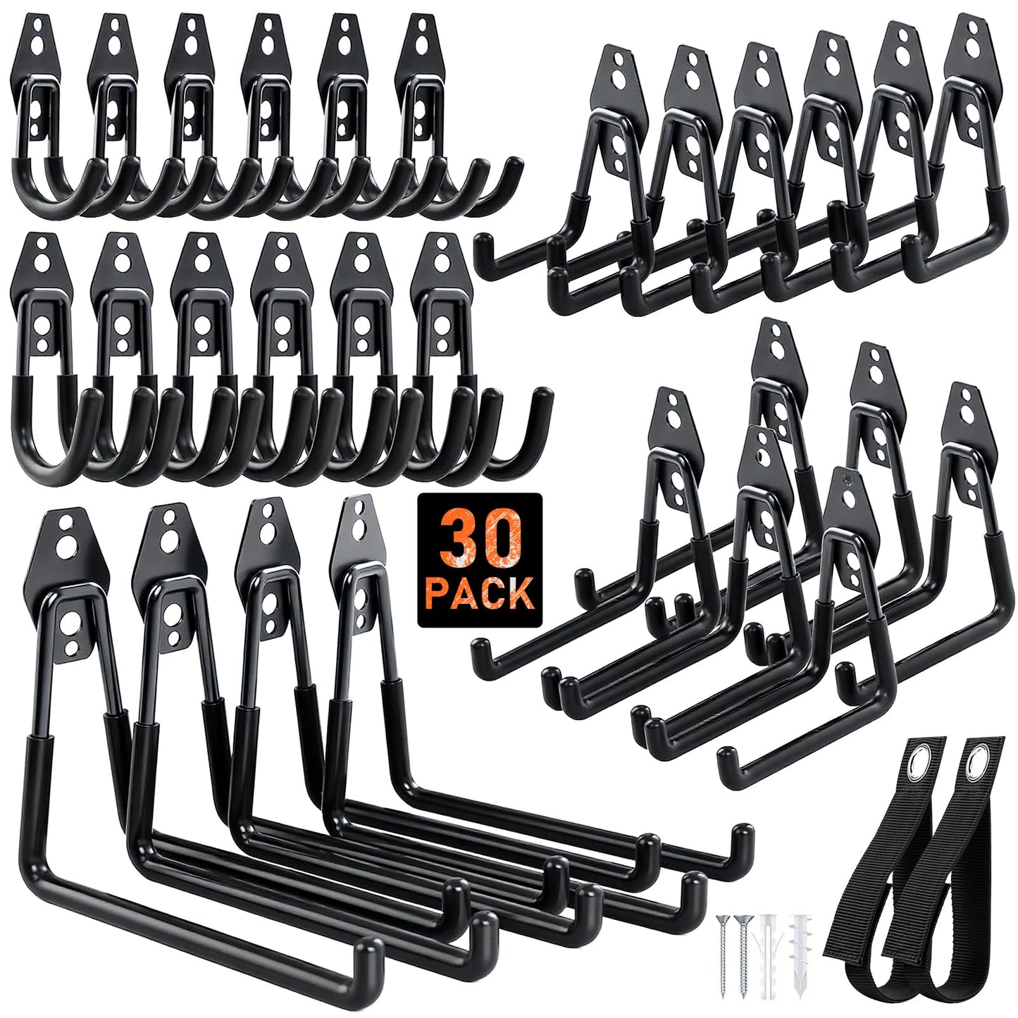 Housolution Steel Garage Hooks - 30Pack Anti-Slip Coating, Heavy Duty Wall Mount Hooks for Bikes, Garden Tools, Ladders, Hose, Bulk Items Ropes, Garage Tool Organizer with Extension Cord Wrap, Black