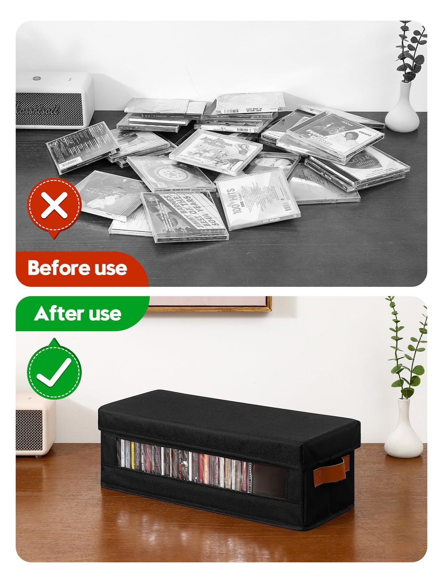 Coorganisers 4 Packs CD Storage Box with Visible Window, Stackable CD Case Holder with Dustproof Lid and Handles, Holds Up to 148 CDs in Full Jewel Cases-15.75 x 6.10 x 5.31 Inches-Black