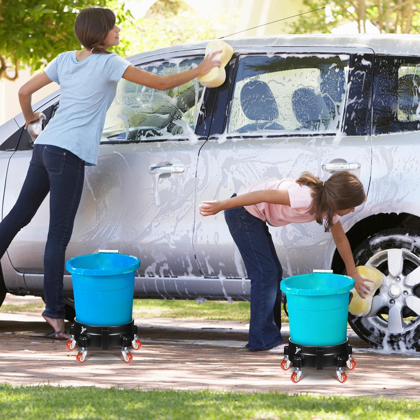 Datanly 2 Pcs 5 Gallon Bucket Dolly with 5 Swivel Wheel Casters 11.42'' Car Wash Bucket Dolly Round Plastic Dollies for Car Washing Garage Construction Flowerpot(Black)