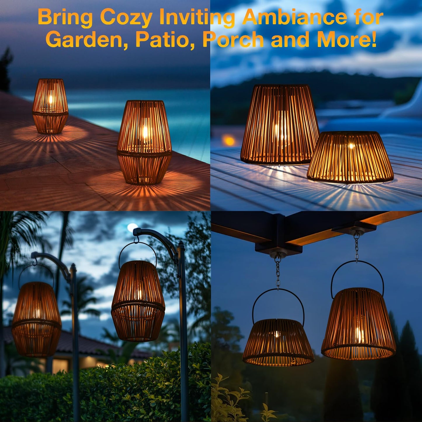 Uspring 2 Pack 3-in-1 Solar Lanterns Outdoor Waterproof Rattan Woven Hanging Solar Lights for Outside with Bright Lamp & LED Bead & 4 Handles, Garden Gifts Decor for Women Mom Patio Yard Porch