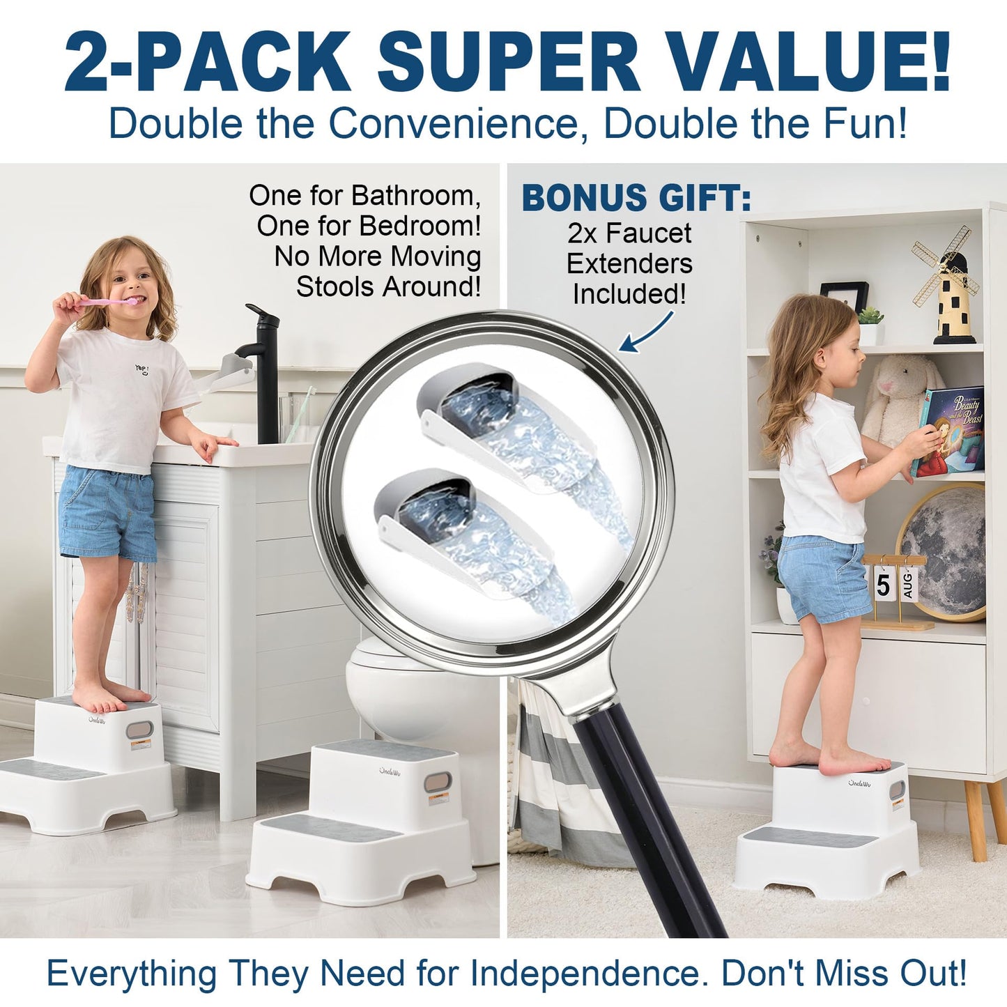 2-Pack Step Stool for Kids – Non-Slip Toddler Step Stool for Bathroom Sink & Potty Training – Heavy Duty 200 lbs, Includes Faucet Extender & Duck Bath Toys (Gray White)