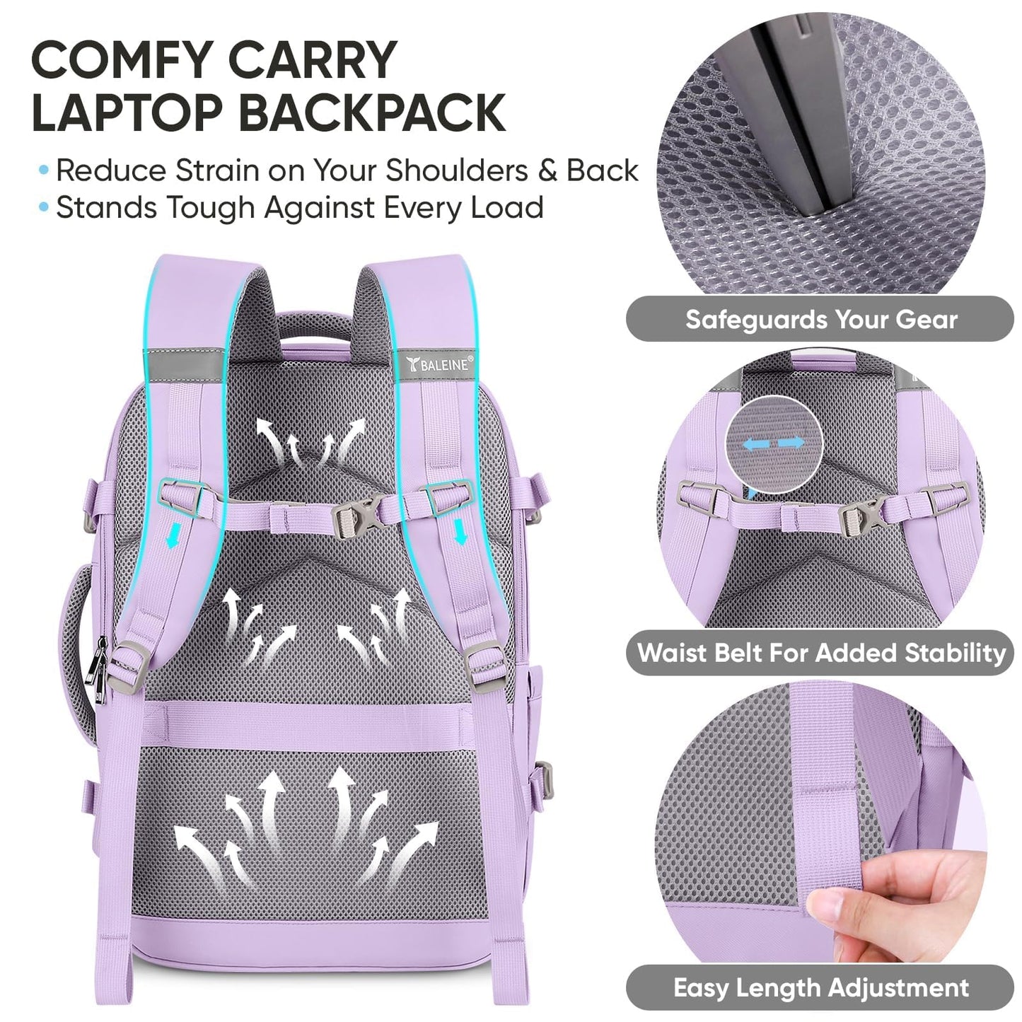 BALEINE Travel Backpack for Women Men, Large Sturdy Carry On Laptop Backpack Gifts for Business, Casual, Weekender, Hiking (XL, Lavender)