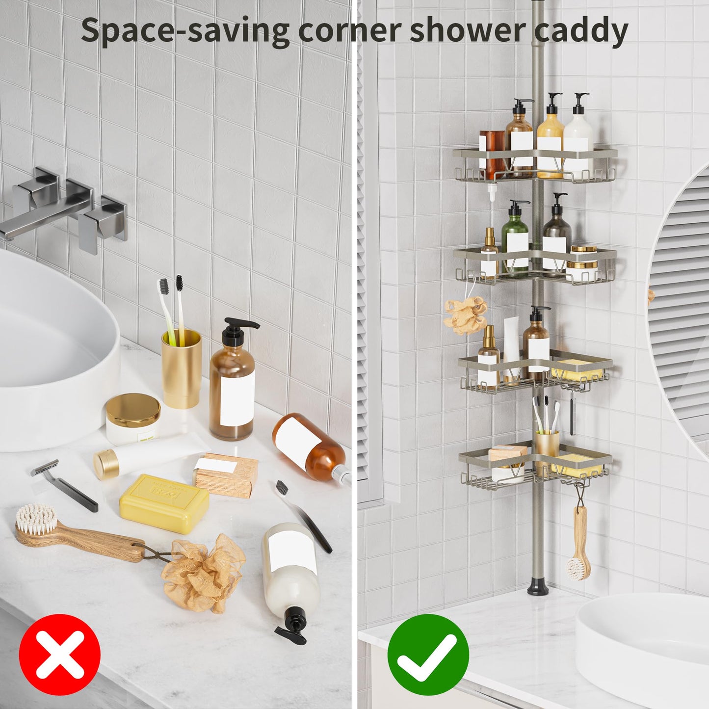 KEGII Shower Caddy Tension Pole, 4-Tier Rustproof Adjustable Corner Bathroom Organizer for Renters, 25–114.2 Inch No Drill Space-Saving Shower Storage Rack, Silver Gray
