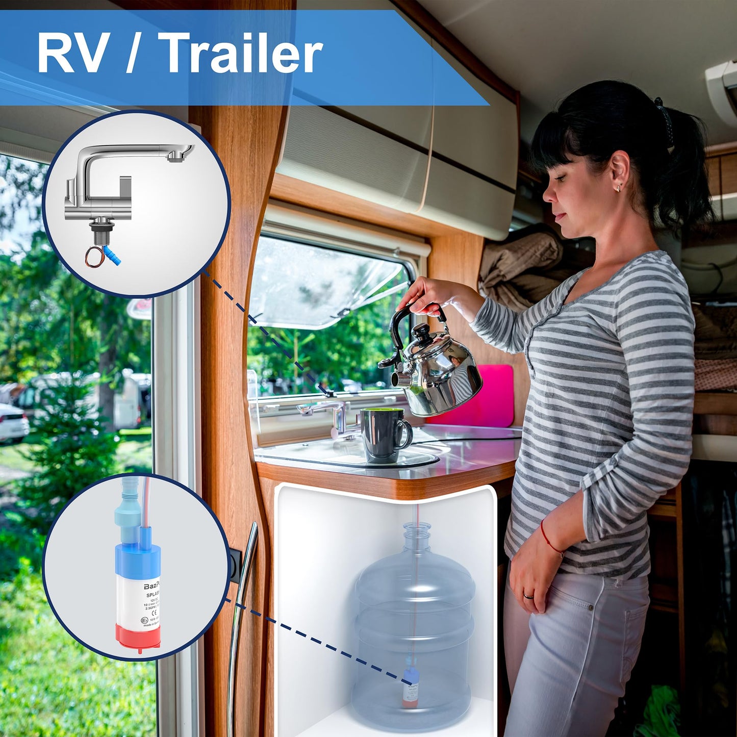 Bazpo 12V Faucet with Switch – German Made 1.5 BAR | Cold Water RV Sink Electric Faucet 360° Swivel Spout, 6A | for Camper Vans, Trailers, Marine Use | Single Hole – 12V Pump Compatible (Chrome)