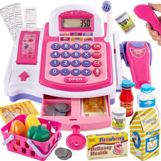 BUYGER Children's cash register toy cash register with receipt printer, scanner microphone, shopping shop accessories, supermarket role play, gifts for children from 3 + years