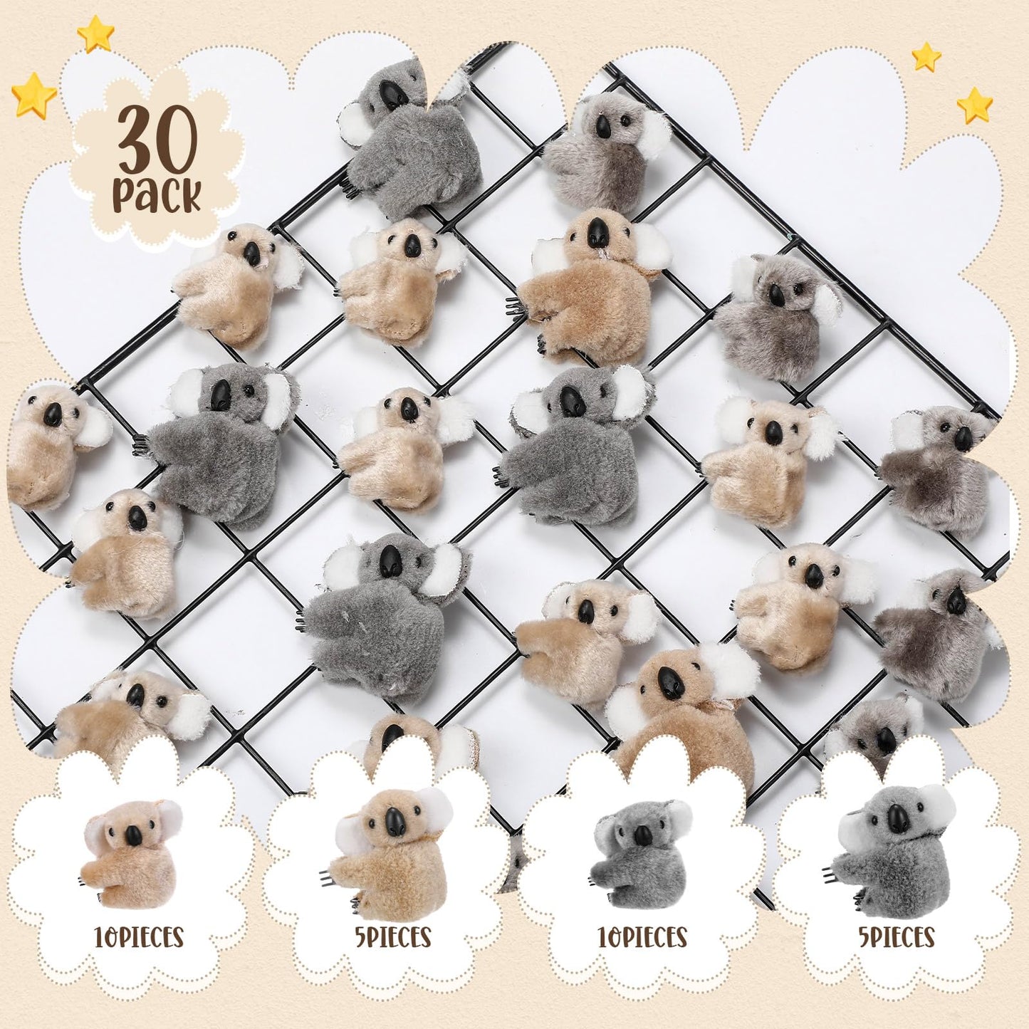 Moucuny 30 Pcs Koala Clip Koala Pencil Toppers 2.76" and 2" Mini Animal Bear Stuffed Plush Animal Toy Gifts for Party Office Home Supplies Piñata Stuffer Purse Charm Hangings