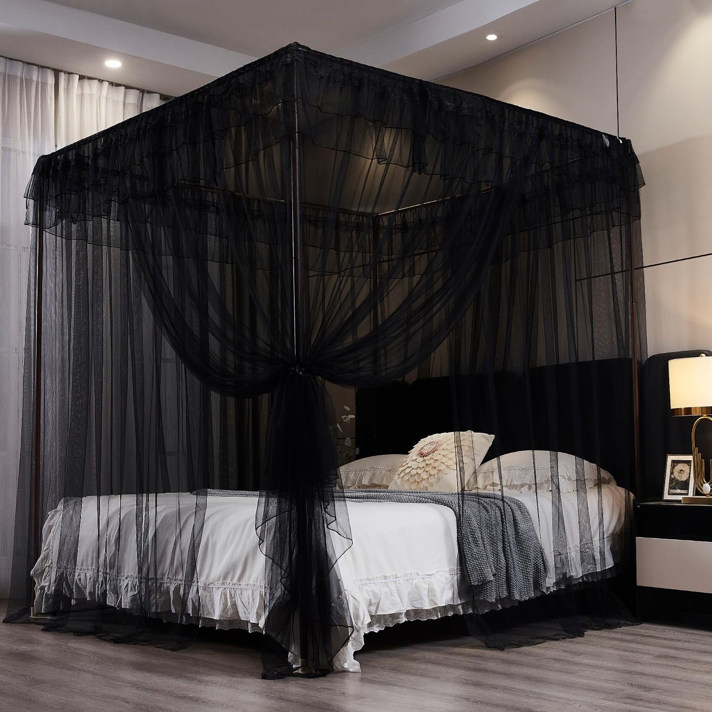 Kertnic Black Canopy Bed Curtains for Girls & Adults, Queen King Bed Canopy Drapes Netting, Practical Mosquito Net for Bed (Queen-64 W*78" L*82"*H)