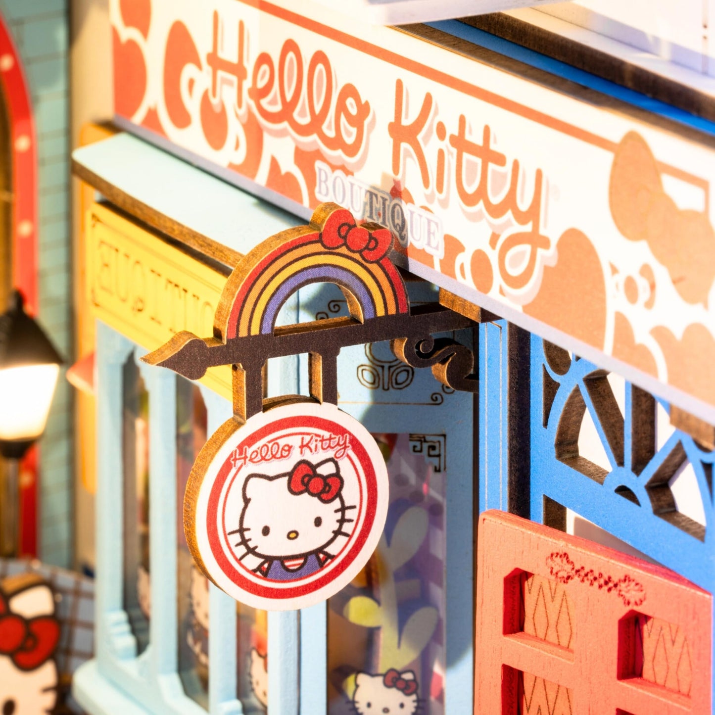 Hands Craft DIY Miniature Kit Book Nook - Hello Kitty Town Square | Whimsical Miniature Scene | Intricate Design, Adorable Charm | LED Lights | Bookshelf Decor | Gift for Hello Kitty Fans