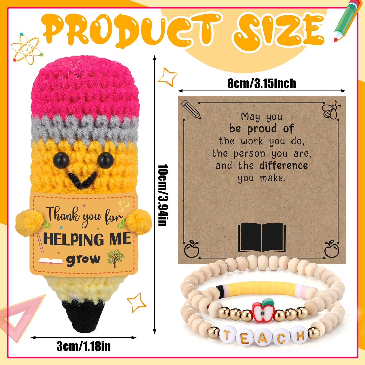 Juinte 6 Sets Teacher Appreciation Gifts Crochet Pencil Dolls with Thank You Teacher Card and Bracelet Presents for Teacher's Day Positive Graduation End of Year from Students