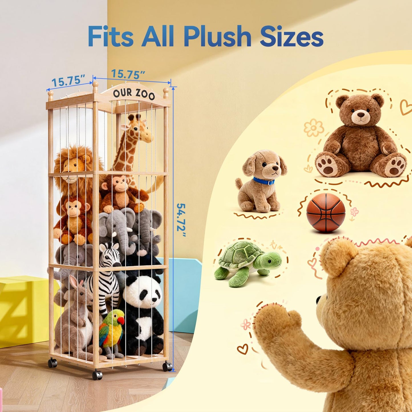 Jumvix Stuffed Animal Storage Zoo Tower, Large Capacity Wooden Stuffed Animal Holder with Wheels, Space-Saving Toy Storage Organizer, Stuffy Plushies Storage for Nursery, Playroom & Bedroom