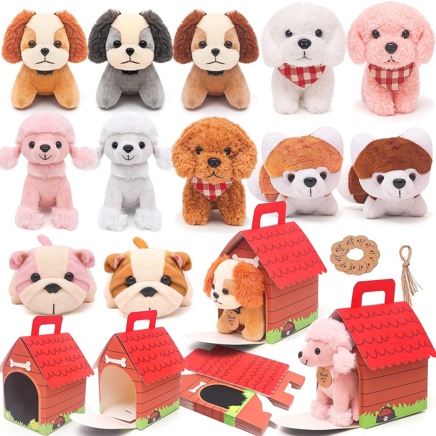 HAPGFS 12 Pcs Mini Plush Puppy Set, Dog Party Favors with Keychain Gift Toys with Carton Dog House, Kids Baby Show Birthday Christmas Party