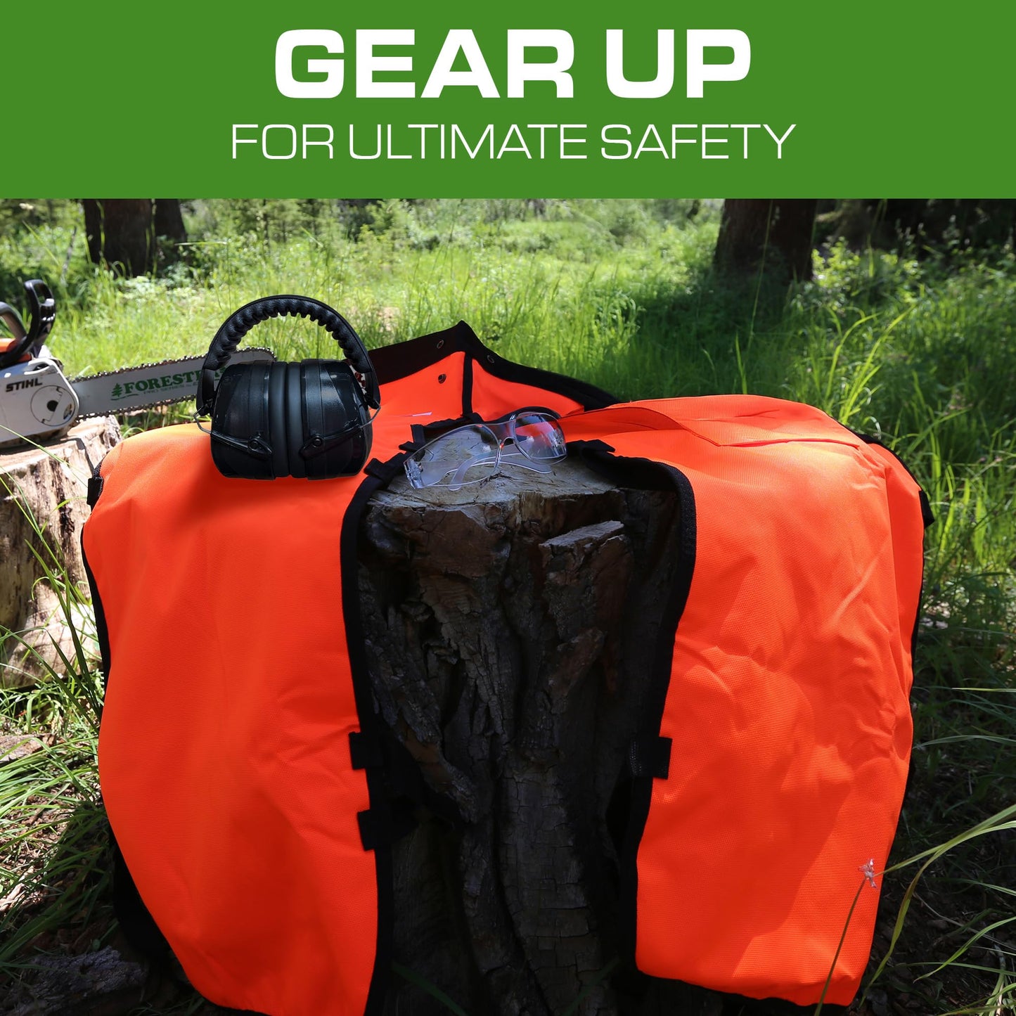 MGP SUPPLY Black 37” Chainsaw Chaps for Men with Forester Ear Muffs, Apron-Style Men's Chain Saw Chaps with Pocket & Adjustable Waist, Includes Safety Glasses, Chainsaw Safety Equipment