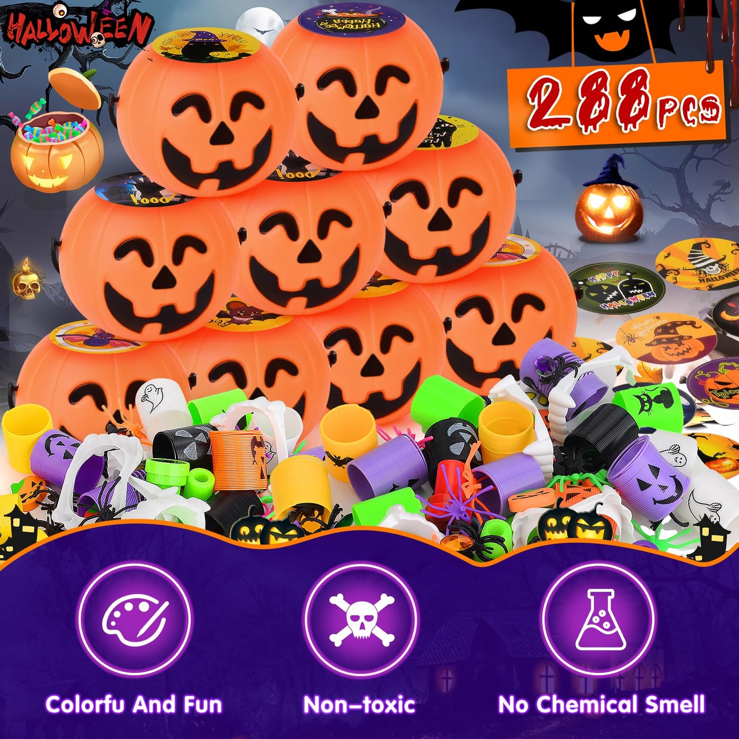 Tiaxidex 288PCS Halloween Party Favors - Prefilled Mini Plastic Pumpkin Cauldrons with Halloween Toys & Goodies | Kids & Adults Trick or Treat Gifts for Classroom, Home & Carnival
