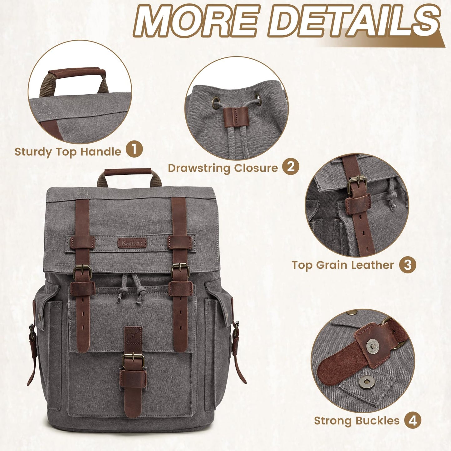 Kattee Men’s Leather Canvas Backpack Large School Bag Travel Rucksack Grey