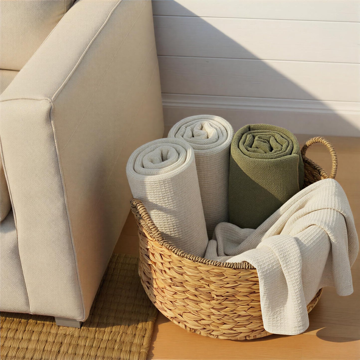 Household Essentials Round Handwoven Water Hyacinth and Seagrass Basket with Handles, Natural