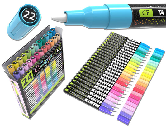 24 Confetti Colors Acrylic Paint Pens Markers Set 0.7mm Extra Fine Tip, Rock Painting, Glass, Mugs, Wood, Metal, Canvas, Ceramics, DIY Projects, Illustration. Non Toxic, Waterbased, Quick Drying
