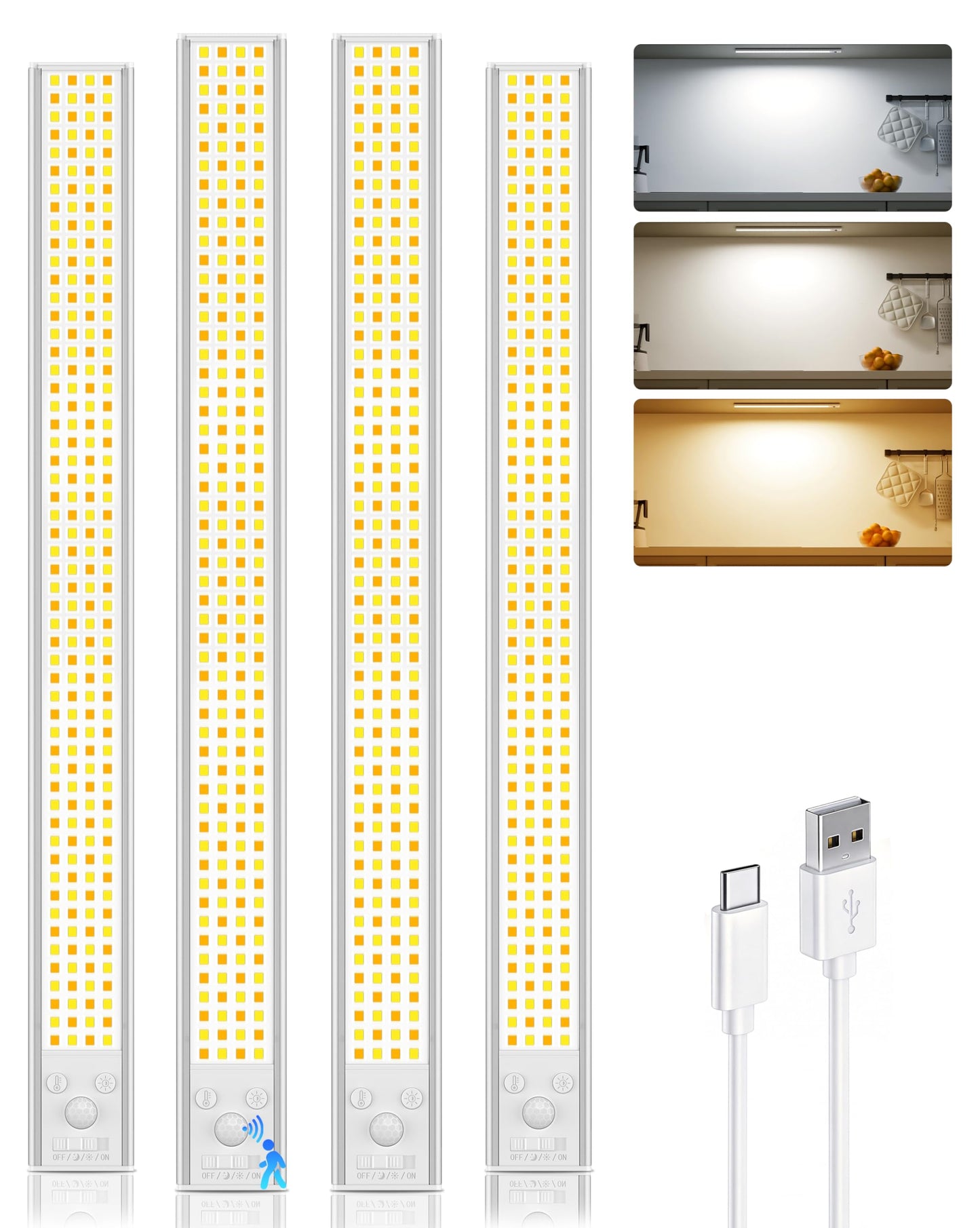16inch Under Cabinet Lighting, 216LED Motion Sensor Light Indoor, Rechargeable Closet Lights, 3 Color Temps, Dimmable, Wireless Under Counter Lights for Kitchen, Stairs, Pantry, 4 Pack