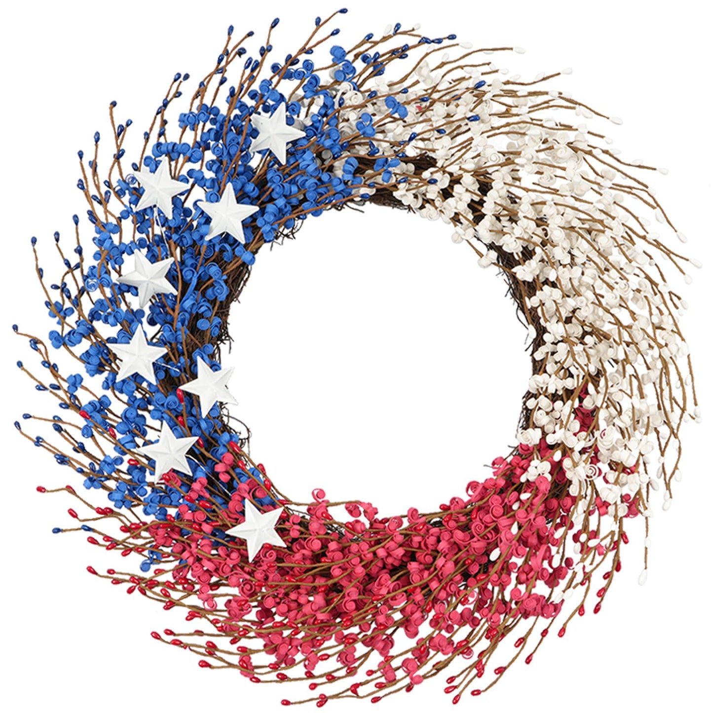 Idyllic 22 Inch Large Patriotic Wreath with Red White Blue PE Ribbons & White Stars - 4th of July Memorial Day Front Door Decor, Outdoor Holiday Wreath