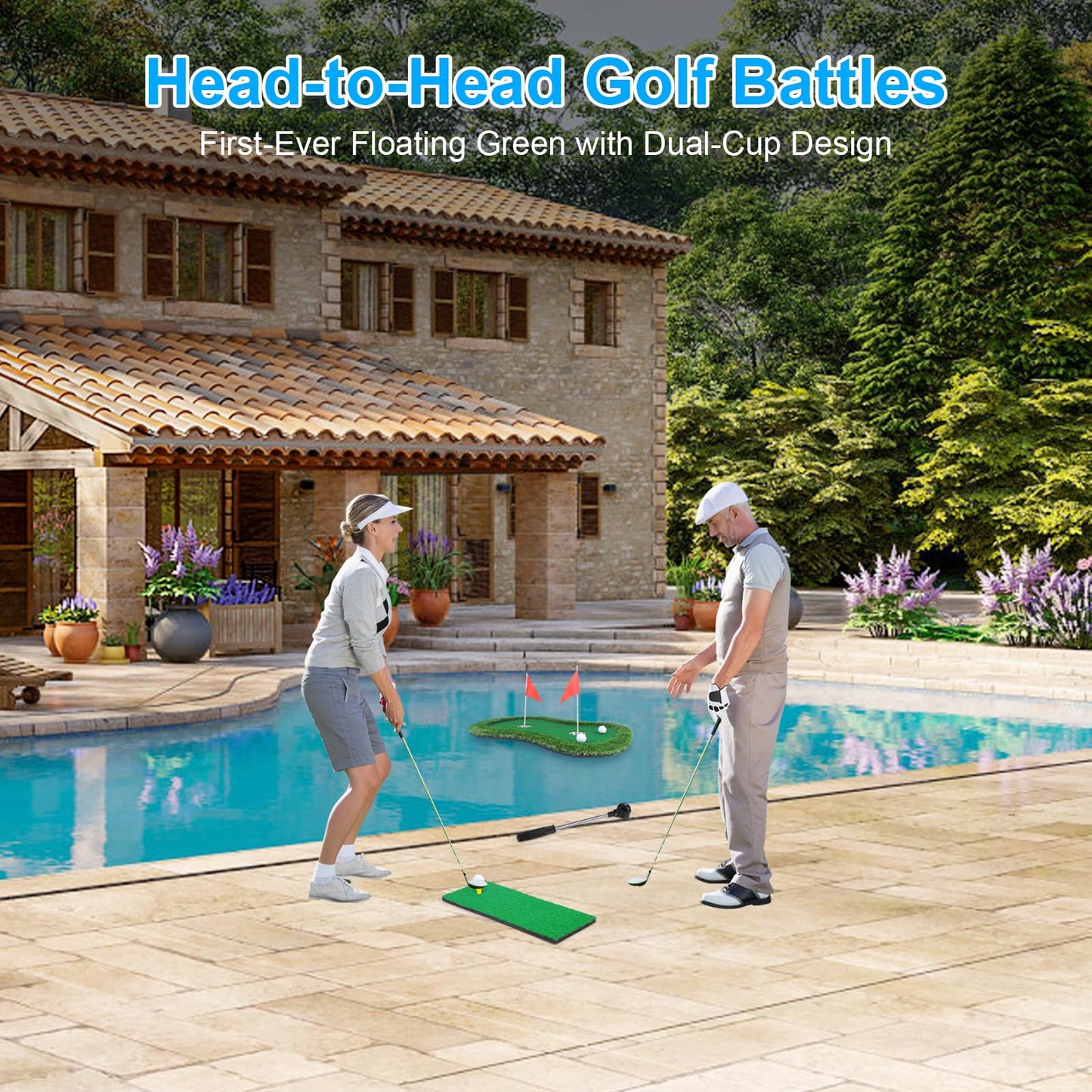 Chriiena Floating Golf Green for Pool/Lake, Floating Chipping Mat with Ball Retriever & Anti-Drift Ropes - Stable Golf Putting Practice Game Set for Golfers (35.4x23.6 in)