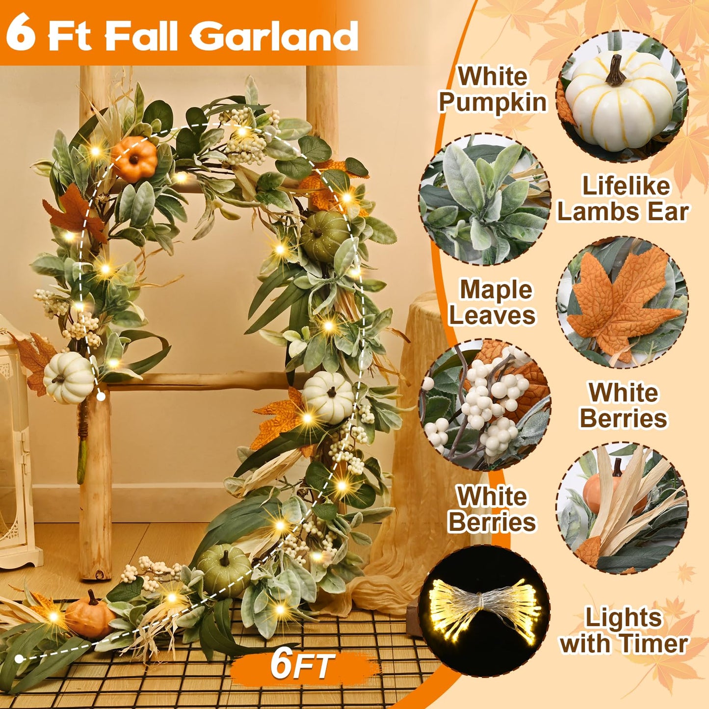 Fall Decor,Fall Garland for Mantel, 6 FT Fall Garland with Light, Lighted Autumn Garlands with Faux Lamb's Ear & Pumpkins, Thanksgiving Table Centerpiece, Fall Decorations for Home Porch Fireplace