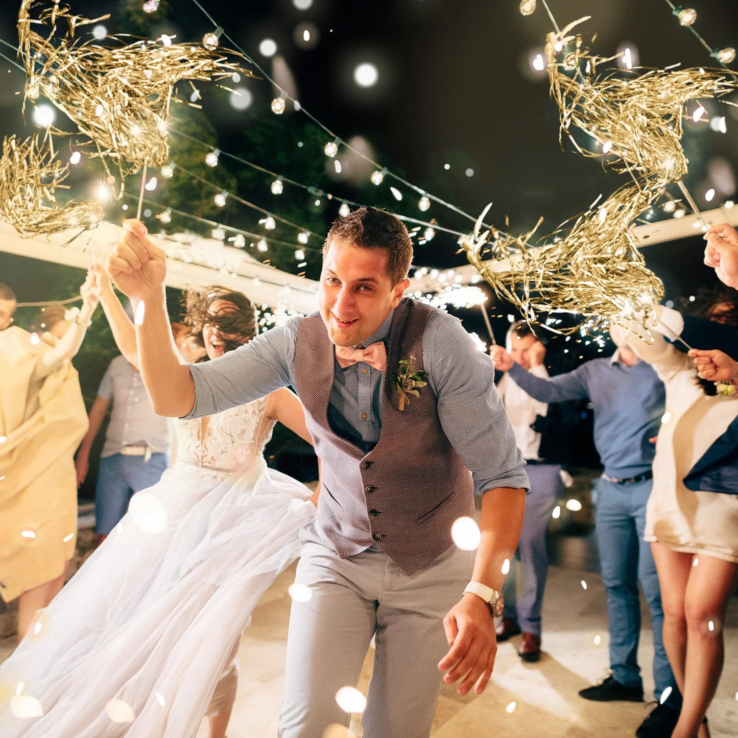 Simgoing 100 Pcs Lighted Wedding Wands LED Tinsel Wands Light up Streamers Sparklers for Wedding Send Off and Exits Birthday Party Props Favors(Champagne)