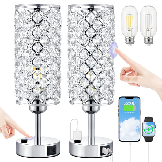 Crystal Lamp Touch Control Set of 2, Sliver Crystal Table Lamps with USB C+A Ports & AC Outlet, 3-Way Dimmable Nightstand Touch Lamp, Modern Bedside Table Lamp for Bedroom(Bulbs Included)