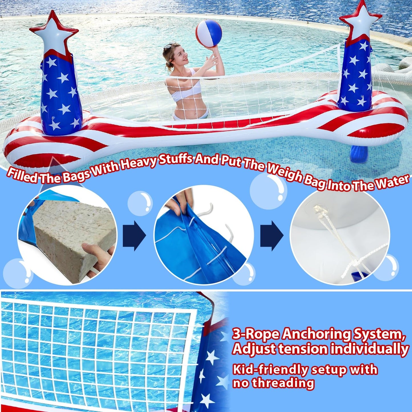 Large Inflatable Pool Games Volleyball Net Pool Float Set with 9" Beach Ball, 2 Weight Bags & American Flag Design – Floating Swimming Game Toy for Adults & Kids, Perfect for 4th of July Party Summer